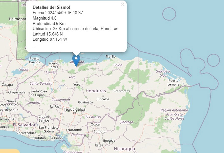 Reportan sismo de 4 grados en Atlántico de Honduras